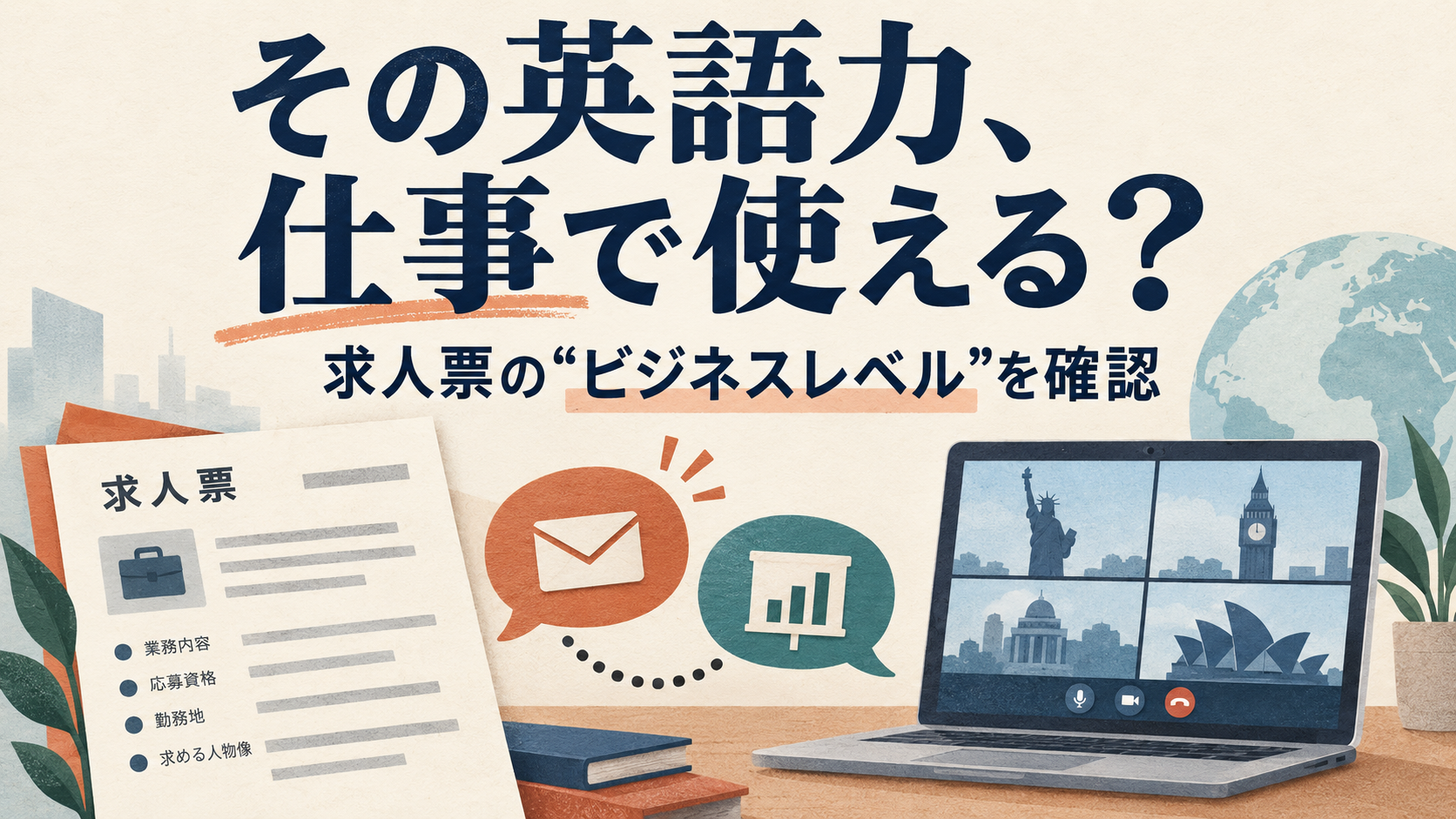 求人票の英語要件を、メールや会議などの仕事場面で確認するイラスト
